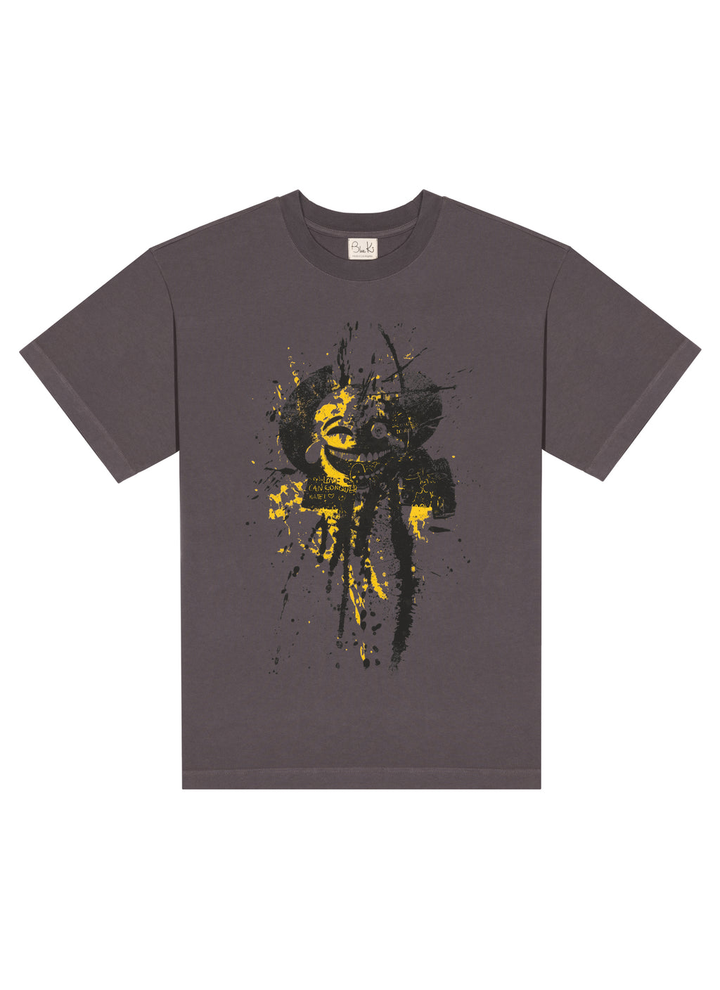Blue-Ki ‘Slow Down’ gray tee with yellow-black handmade silk screen artwork, flat lay.