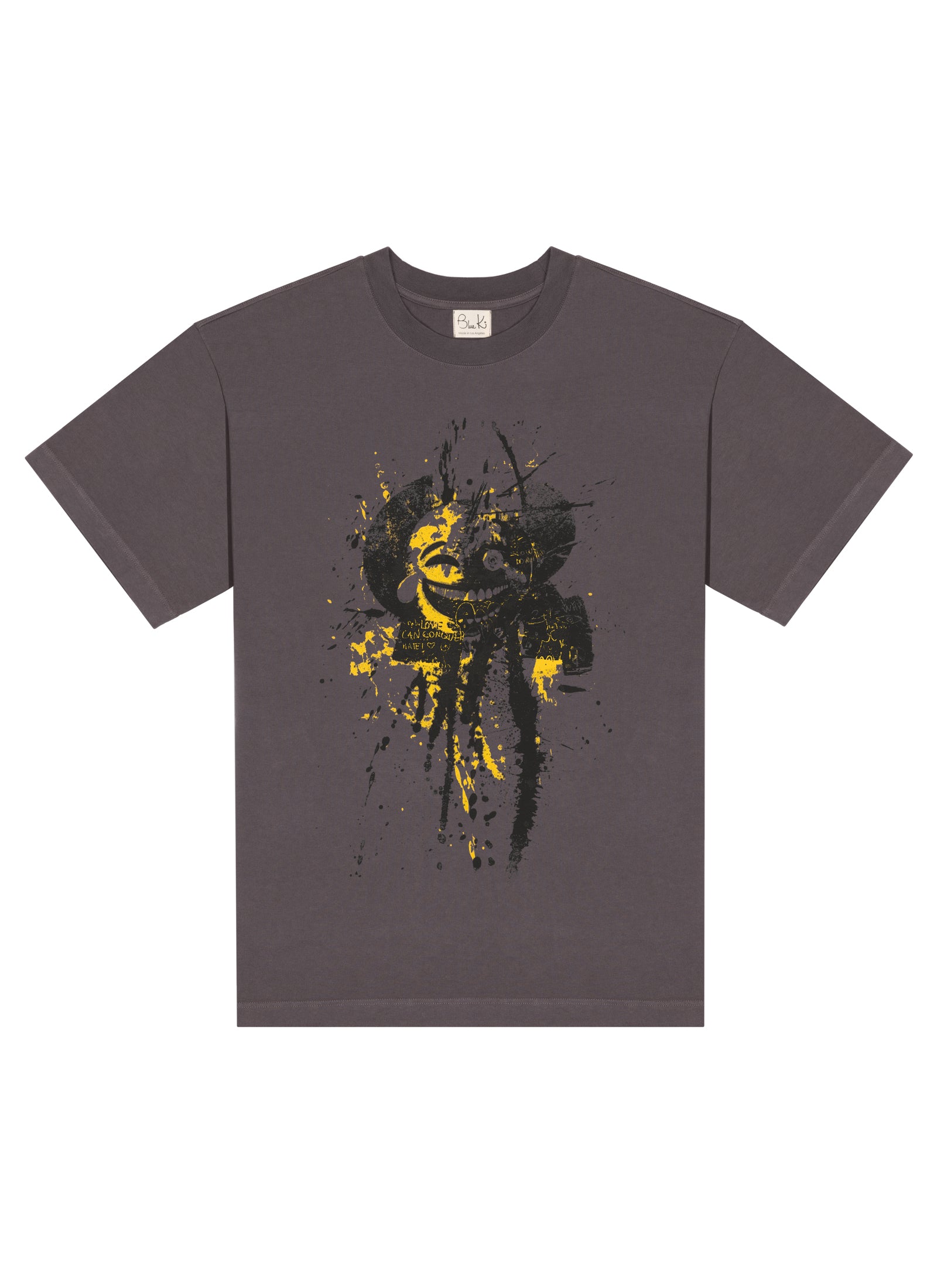 Blue-Ki ‘Slow Down’ gray tee with yellow-black handmade silk screen artwork, flat lay.